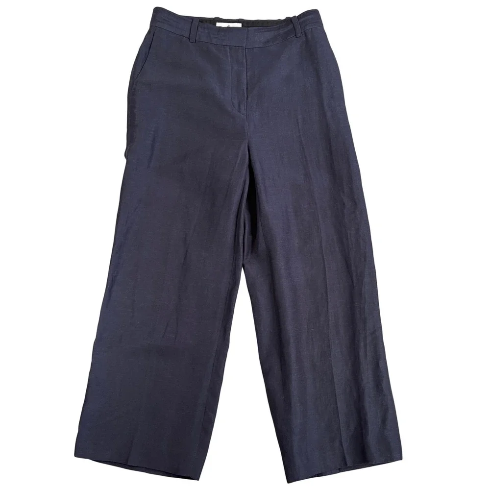 Babaton Agency Linen Cropped High Rise Straight Leg Pant Womens 2 Navy Blue $148